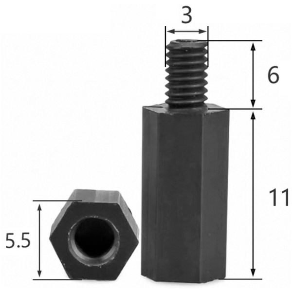 Стійка шестигранна нейлонова чорна М3x11+6 PА66 HTS-311B фото