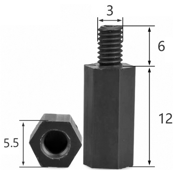 Стійка шестигранна нейлонова чорна М3x12+6 PА66 HTS-312B фото