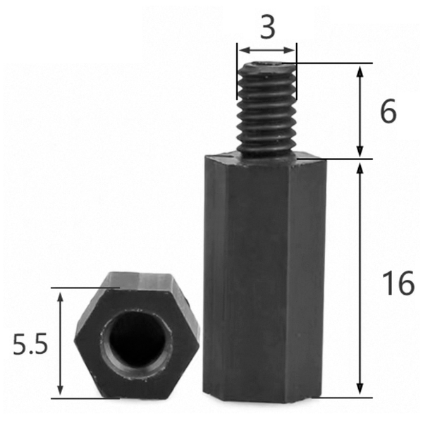 Стойка шестигранная нейлоновая черная М3x16+6 PА66 HTS-316B фото